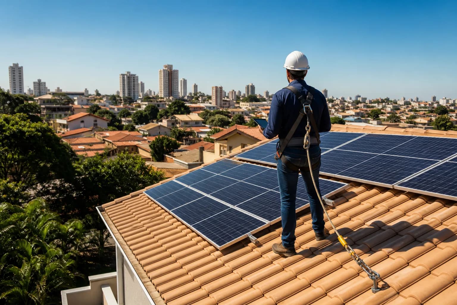 Profissional com proteção contra quedas avaliando painéis solares em um telhado