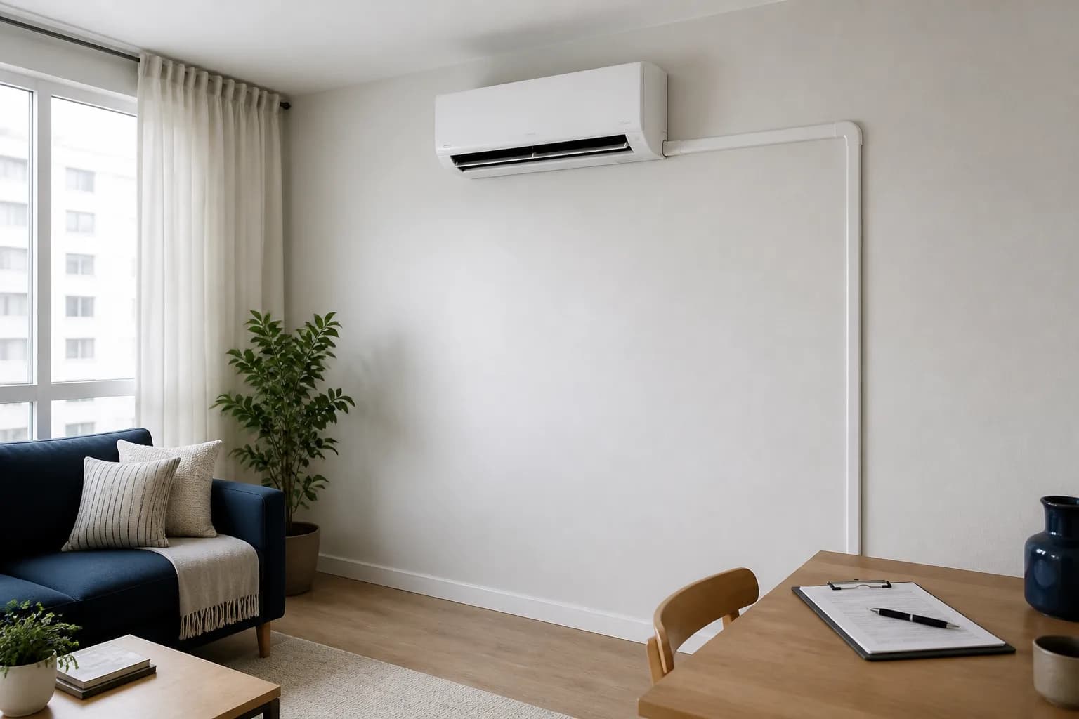 Instalação ilustrativa de ar-condicionado split com acabamento organizado em uma sala